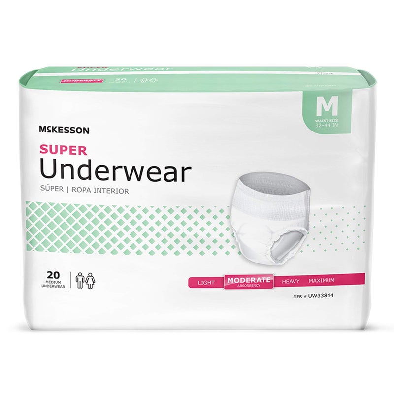 McKesson Super Adult Incontinence Underwear 20 Count Moderate Absorbency Medium 3244 in Unisex Bladder Leak Protection PullOn Style with TearAway Sides Postpartum and Incontinence Support